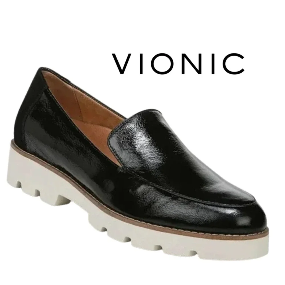 Vionic, Kensley, Black Patent Leather Loafers Chunky Sole Platform‎ Size 8